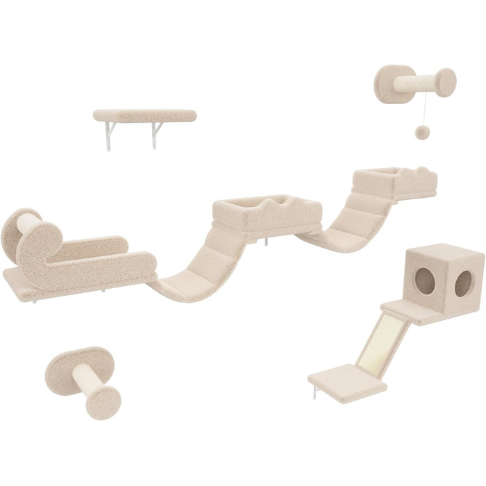 Комплекс для котів BYBYME з гамаком, ліжком та високими полицями для кількох котів, плюшевий лежак, когтеточка та стовпчики з сизалю, 6 шт., міцні меблі для лазіння (бежевий, 5 шт. з довгою перемичкою)