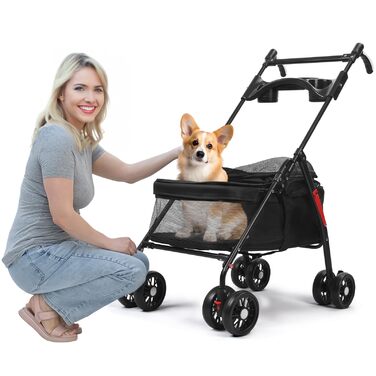 Складаний візок для собак з 4 колесами та дихаючою сіткою - Легкий транспортний візок для маленьких собак та котів до 10 кг, з регульованим сонцезахистом, тримачем для напоїв та страхувальним ременем, Чорний