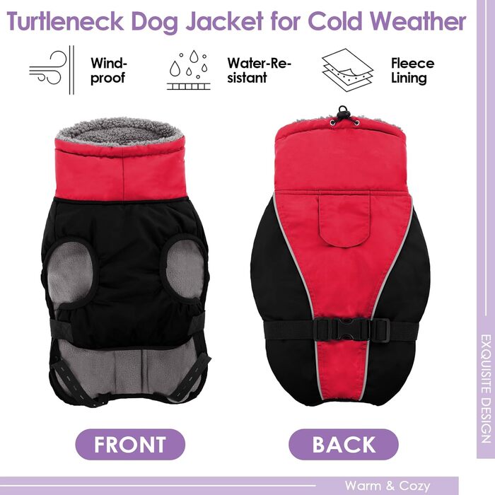 Зимовий теплий одяг для собак AOFITEE з коміром-гетром, регульована куртка для собак з отвором для повідка, водонепроникна куртка для собак на холодну погоду, підходить для собак маленьких, середніх та великих порід, червоний