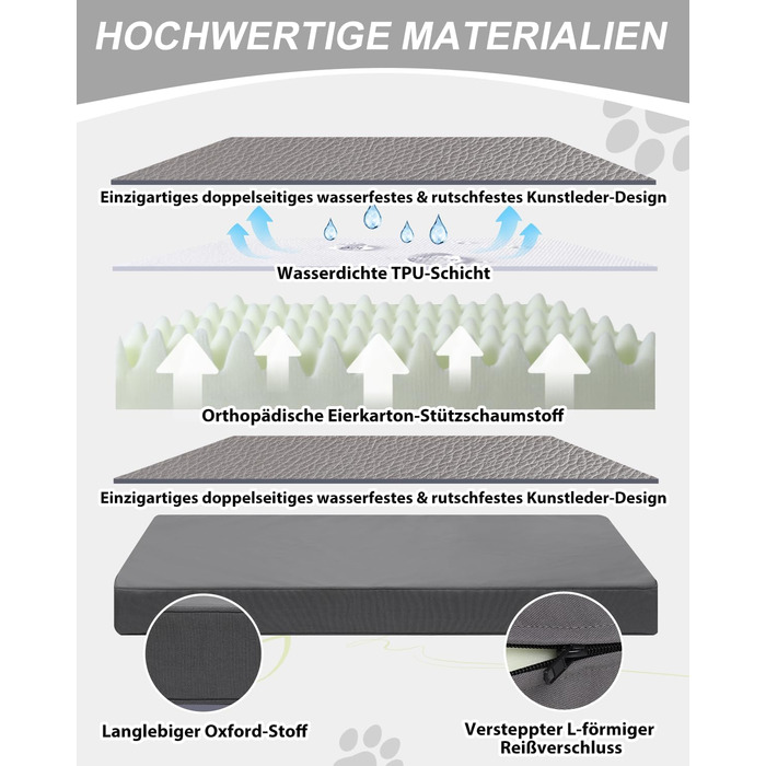 Ортопедичне ліжко для собак 58x43 см, знімний чохол з екошкіри, подушка для собак, матрац для собак, комфортне та прохолодне для внутрішнього та зовнішнього використання, сірого кольору (L58xB43xH7 см)