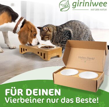 Миска для котів та тварин Giriniwee з бамбукового каркасу, 2 керамічні миски по 400 мл, піднята подвійна миска для кошенят, собак