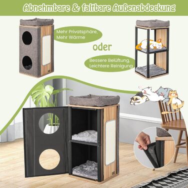 Котячий будиночок GYMAX з 3 печерами, 4-ярусний, з плюшевими подушками та дряпальними дошками, сірий, 38 x 38 x 77,5 см