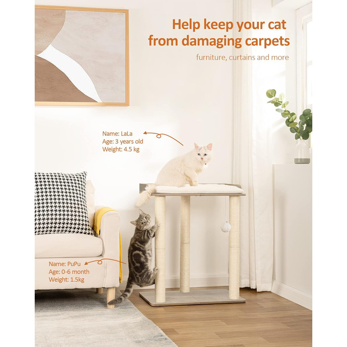 Дерев'яний комплекс для котів FourFurPets, 68 см, з трьома сизалевими стовпчиками, платформами 56x40 см, колір Greige