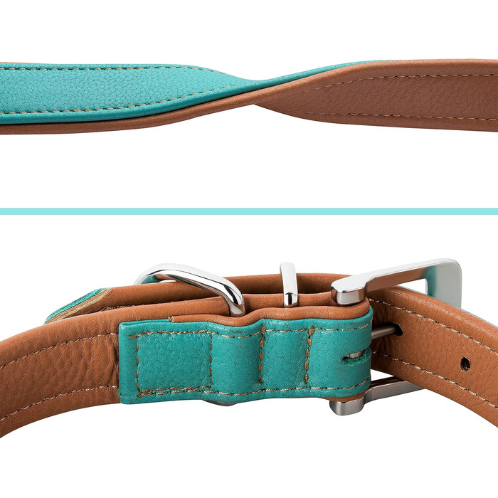 Шкіряне нашийник для собак Fun Line - великий, середній та маленький розмір - м'який та міцний (M, 28-36 см, Турквіз-Коричневий)