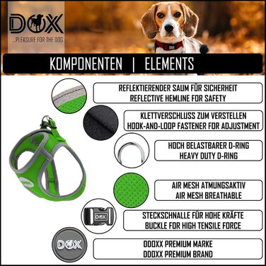 Шлейка для собак DDOXX відбиваюча Airmesh, регульована, для цуценят та собак всіх розмірів, XS, зелена (обхват грудей 28-33 см)