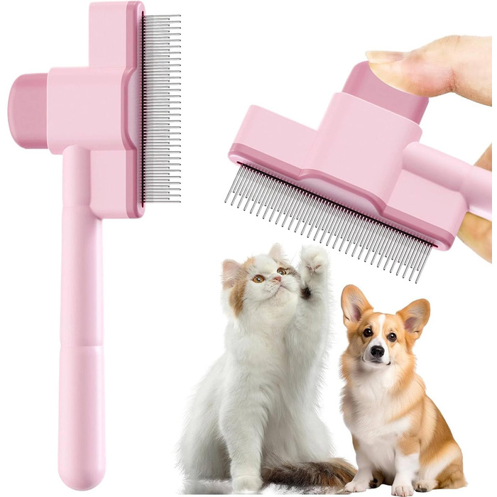 Щітка для котів та собак, видалення шерсті, з кнопкою для очищення, для довгої та короткої шерсті, сіра, інструменти для догляду за тваринами (Рожева #1)