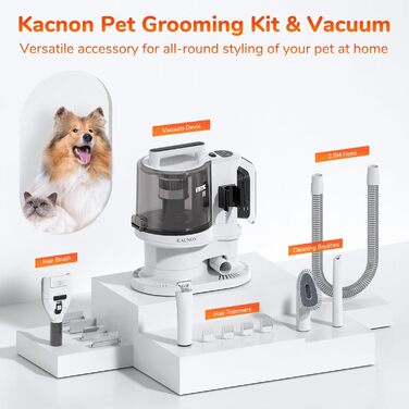 Набір для догляду за тваринами KACNON: шерстьосав'ювач та пилосос 3.3L, 13kPa. Безшумна машинка для стрижки собак та котів. Електрична щітка для тварин. Білий колір