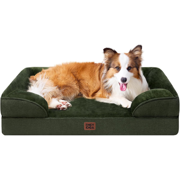 Ортопедичне ліжко для собак EHEYCIGA, великі та середні породи, 104x69 см, Memory Foam, вологостійке, з високим бортиком, темно-зелене