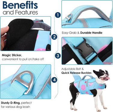 Жилет для плавання собак AOFITEE, модель 'Hai', великий розмір, з ручкою для порятунку та світловідбиваючими смугами, блакитний, для собак X-Large
