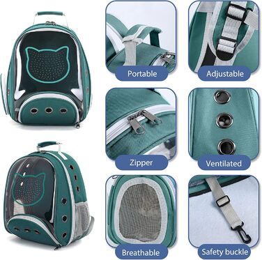 Рюкзак для котів та маленьких собак PETCUTE, дихаючий, знімний килимок, до 6 кг, з прозорим вікном, для подорожей (темно-зелений)