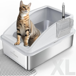 AIPERRO туалет для котів із нержавіючої сталі XL, закритий з кришкою, високі борти, антипригарне покриття, захист від протікання, з металевим совком