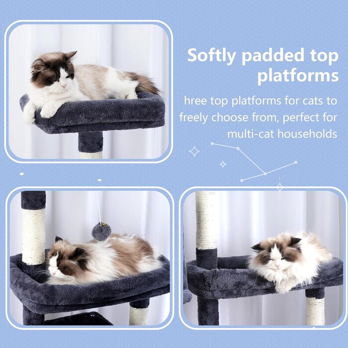 Дерев'яний будиночок для котів Hey-brother з розширеною платформою, широкими полицями, затишними печерами, гамаками, сизалевими стовпчиками та м'ячиком, 178 см, MPJ038W (димно-сірий)