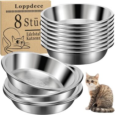 Набір з 8 мисок для котів Loppdece з нержавіючої сталі, 14 см, для чутливих вусів, підходить для кошенят та маленьких собак, можна мити в посудомийній машині