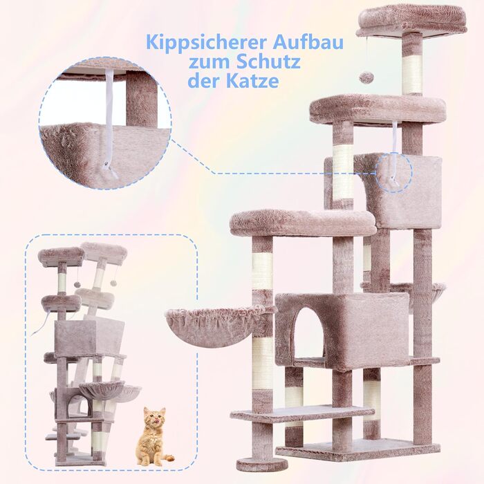 Котячий будиночок Hey-brother XXL для великих котів, 180 см. Стабільний котячий комплекс з 3 платформами, 3 великими печерами та 2 котячими будиночками, бежевий, EMPJ038MU