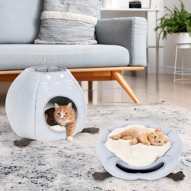 Кігтеточка-будиночок для котів, блакитна, розмір M, 40x40x35 см. Зручне ліжко з Sherpa подушкою, ідеально для дому.