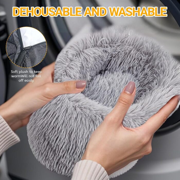 М'яке ліжко для собак середнього та маленького розміру, котяче ліжко, круглий килимок для собак, знімний та пральний килимок для собак, діаметр 50 см, довгий плюш, неслизьке ліжко для собак, диван для собак з високим бортиком, сірий колір