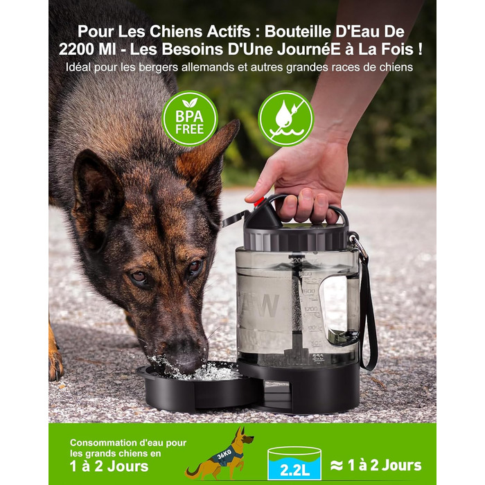 Водяна пляшка для собак Lesotc 2200 мл, велика, чорна – для подорожей та кемпінгу