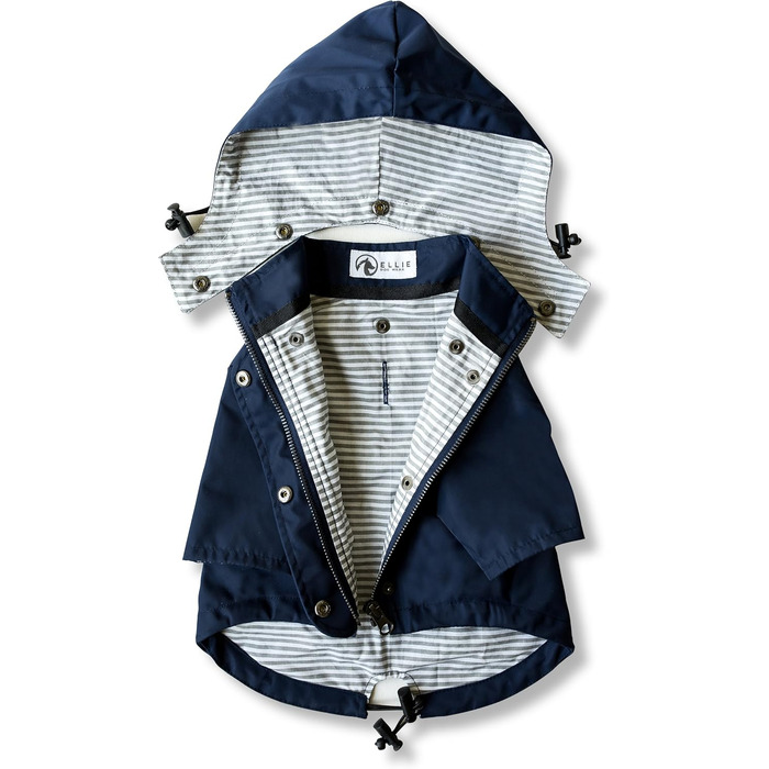 Дощовик для собак Ellie Dog Wear, водонепроникний, з капюшоном, блискавкою, кишенями, світловідбивними кнопками, регульований шнурок, розмір XS-XL, темно-синій