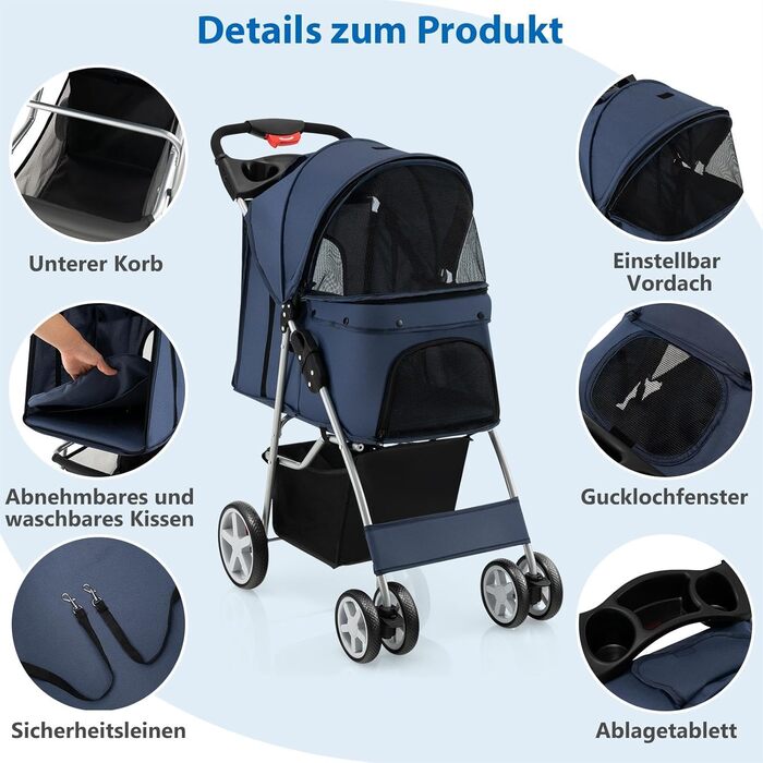 Собачий візок SOARS для собак та котів до 15 кг, складний, з сіткою, тримачем для напоїв та кошиком для зберігання, блакитний