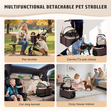 Візок для котів та собак Gimars 20кг, 4-в-1, складання, поворот 360°, гумові колеса, гальмо, захист від дощу, регульована ручка, хакі