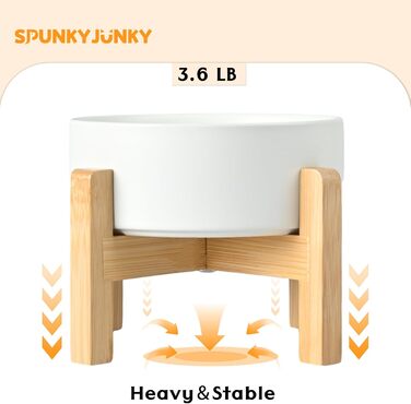 SPUNKYJUNKY Керамічні миски для собак, підняті на дерев'яній підставці, набір 2 шт, великі породи, антиковзкі, для води та корму, білі