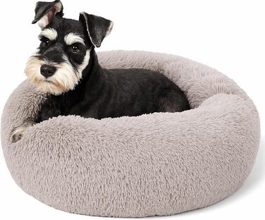 Заспокійливе ліжко для собак у вигляді пончика, м'який плюш, кругле ліжко для котів, зручне, м'яке, можна прати, подушка, самопідігріваюче ліжко для тварин з неслизьким дном, ліжко-гніздо для сну та відпочинку 60 x 60 x 20 см (Д x Ш x В) у кольорі тауп