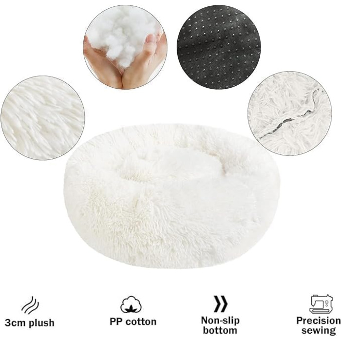 М'яке ліжко для собак та котів у вигляді подушки-пончика, 70 см, білий колір. Зручне, антиковзне, з довгого плюшу, для маленьких собак та котів. Ідеальне подарунок.