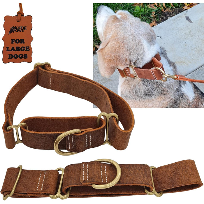 Шкіряний нашийник BlazingPaws Martingale для великих собак XL-XXL, 3,8 см, регульований, у стилі used-look, світло-коричневий