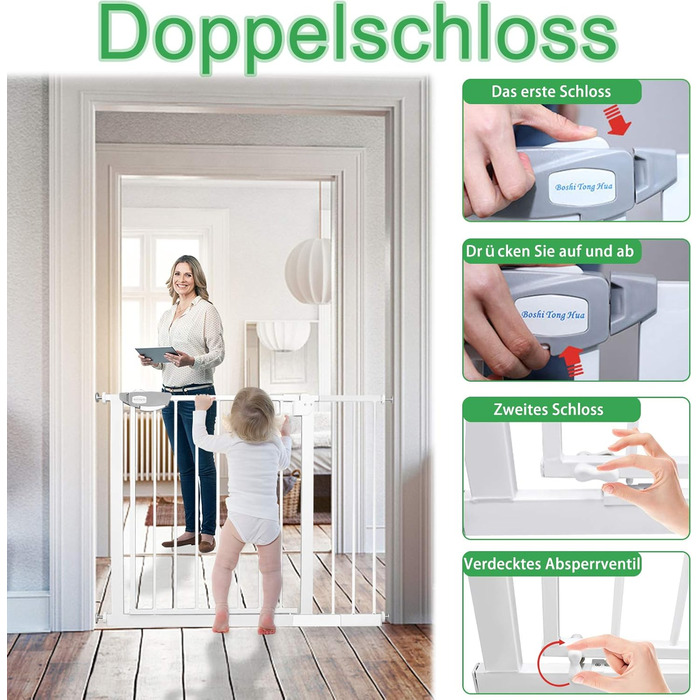 Захист для сходів та дверей: сітка-бар'єр без свердління, 105-115 см. Ідеально для собак та дітей. Біла сітка-бар'єр з подвійним замком, автозакриттям, відкриванням однією рукою та фіксацією 90°.