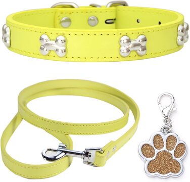 Нашийник для собак HALFSUO з шкіри та поводок Cobo: комплект для маленьких та середніх собак і котів (S, жовтий)