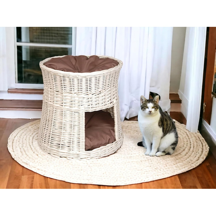 Кігтеточка-будиночок для котів: двоярусне ліжко з плетіння з лози, діаметр 50 см, з подушкою, білий колір