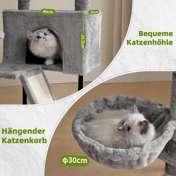 Дряпка для котів Gitelsnour 125 см зі стіном, будиночком та кошиком, світло-сіра, GCT006SW