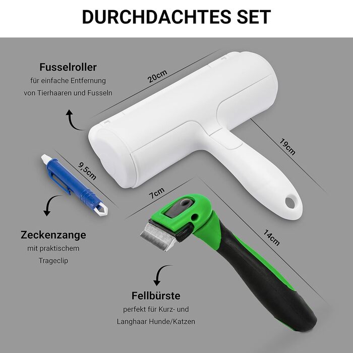 Набір для грумінгу тварин: щітка для собак, котів, XL роликовий збирач ворсу та щипці для видалення кліщів. Підходить для короткої та довгої шерсті, для тварин будь-якого розміру. Ефективний видалення шерсті. Автоматичне видалення кліщів.