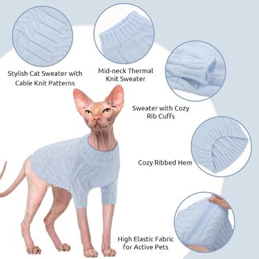 Пуловер для котів без шерсті Citétoile, теплий зимовий пуловер для котів та маленьких собак (XL, блакитний)