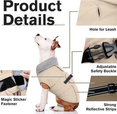 Теплий зимовий пуховик для собак Lelepet, водонепроникний, з флісовою підкладкою, світловідбиваючими елементами, отвором для шлейки, великий розмір XL, бежевий