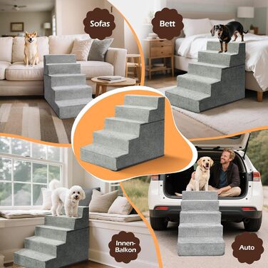 Сходинки для собак Eukue: 5 сходинок, складані, для маленьких та великих собак, з антиковзким покриттям, для доступу до ліжка/дивану, сірого кольору