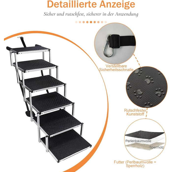 Східці для собак у машину, 6 ступенів, 70 кг, складані, для великих собак та літніх тварин, алюмінієва рамка - для вантажівок та SUV