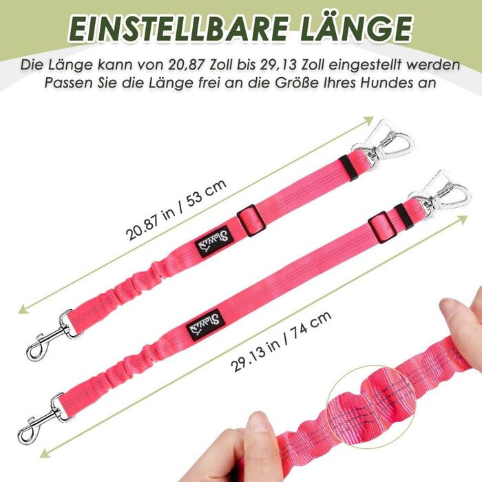 Ремінь безпеки для собак SlowTon, 2 шт. - Автомобільний поводок з регулюванням, еластичний амортизатор, міцний нейлон, світловідбиваючий ремінь безпеки для тварин (флуоресцентний рожевий)