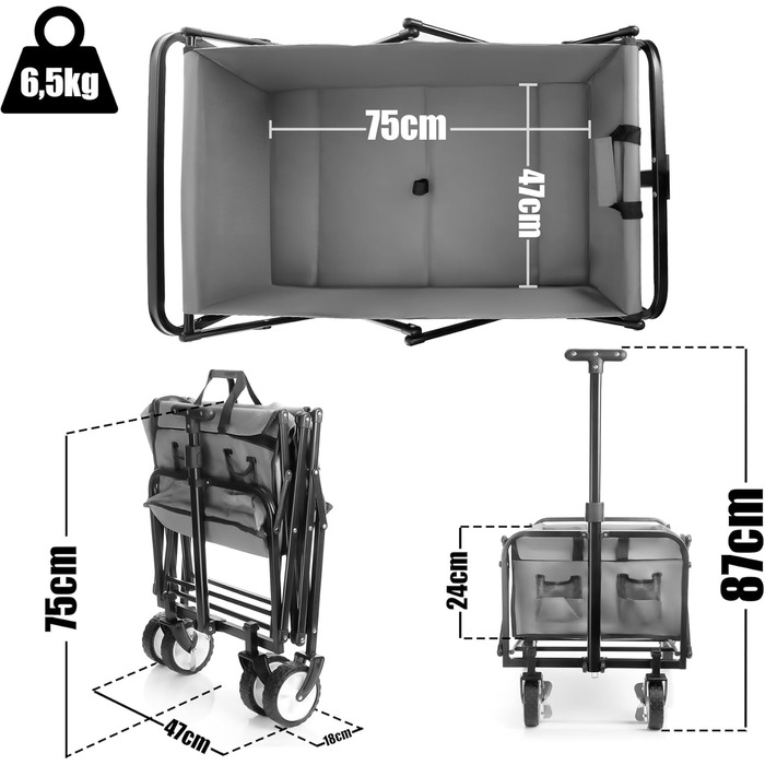 Складаний вагончик BigDean Kompakter – вантажопідйомність до 80 кг, сірий та чорний