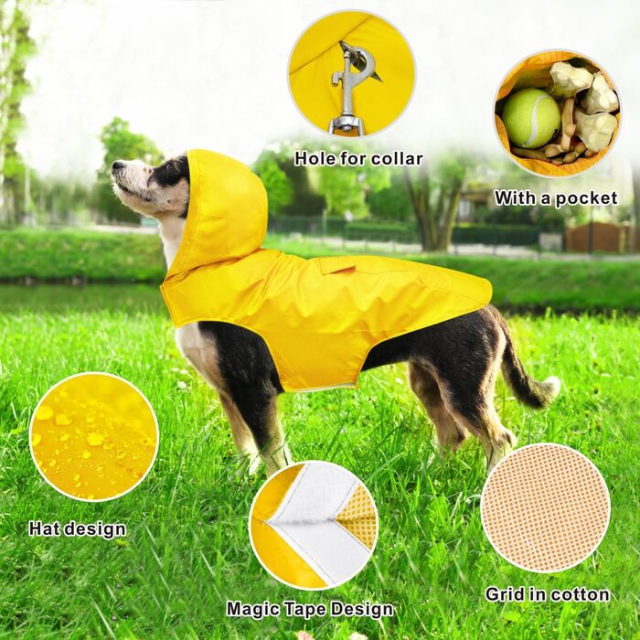 Регенмантель Idepet для собак з отвором для нашийника: водонепроникний, світловідбиваючий, вітронепроникний, пончо, дощовик з капюшоном для маленьких, середніх та великих собак (4XL, жовтий)
