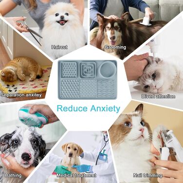 Силіконова килимок-заспокійвач для собак та котів Cooltto з мискою з нержавіючої сталі, з присосками, для грумінгу, миття та тренувань (Сірий, Модель A- 6 в 1 з 59 присосками)