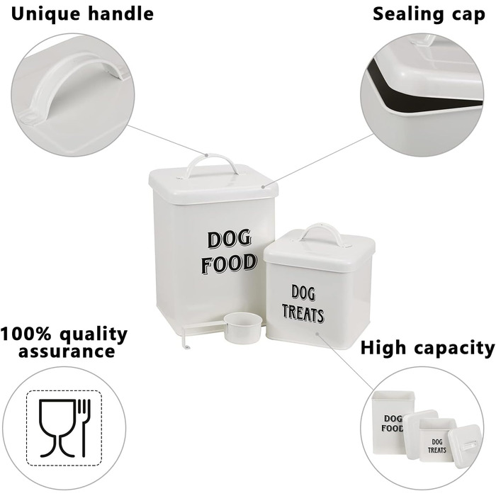 Контейнер для корму Morezi (2 шт.), з вуглецевої сталі, з герметичним кришкою та ложкою, для зберігання корму для собак, котів та інших тварин. Білий колір.