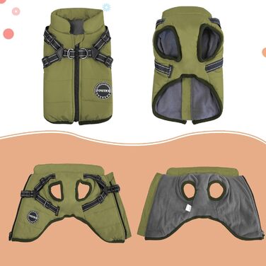 Тепла куртка для собак – м'яка флісова жилетка з вбудованим шлейкою, водонепроникна, вітронепроникна, світловідбиваюча, зручний зимовий пуховик для маленьких та середніх собак, зелений, розмір Large