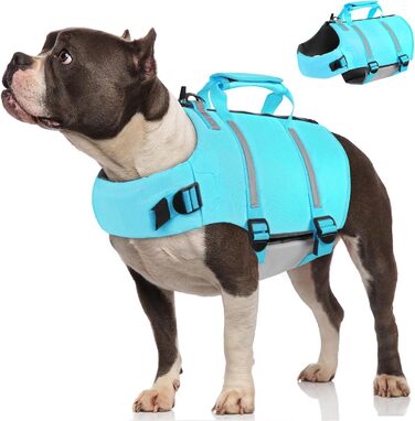 Жилет рятувальний для собак AOFITEE XXL, великий розмір з ручкою, світловідбиваючий, з високою плавучістю, для великих собак (X-Small, блакитний)