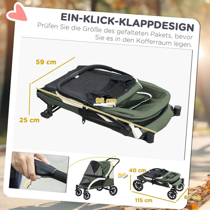 PawHut Будка-перевозка для собак та котів, розкладний, до 30 кг, з подушкою, сіткою, кишенями, гальмами (темно-зелений)