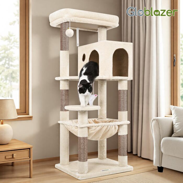 Комплекс для котів Globlazer Kratzbaum Бежевий з гамаком 45x40 см, будиночком та платформою 137 см - дряпка для котів в приміщенні
