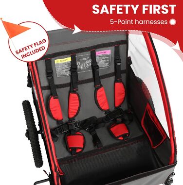 Дитячий велопричіп Sepnine для 1-2 дітей, від 12 місяців, швидко кріпиться, складаний, з 5-точковим ременем та кишеньками для зберігання. BT609-Червоний