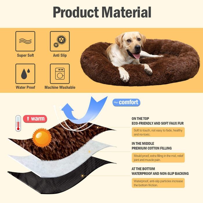 М'яке кругле ліжко для собак та котів. Ø 60/80 см, коричневе. Підходить для середніх собак