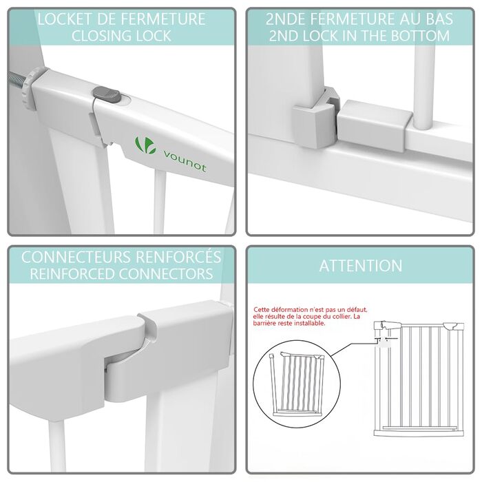 Захист для сходів Vounot: сітка без свердління, 75-108 см, для дітей, собак та котів, автоматичне закриття, магнітний замок, стопор 90°, білий (2x подовження)
