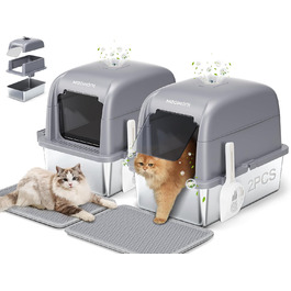 MeoWant закрита котяча туалетна кімната з нержавіючої сталі, 81 л, велика місткість, тришарова, герметична, з педалями, совком і килимком, сірий, 2 шт.